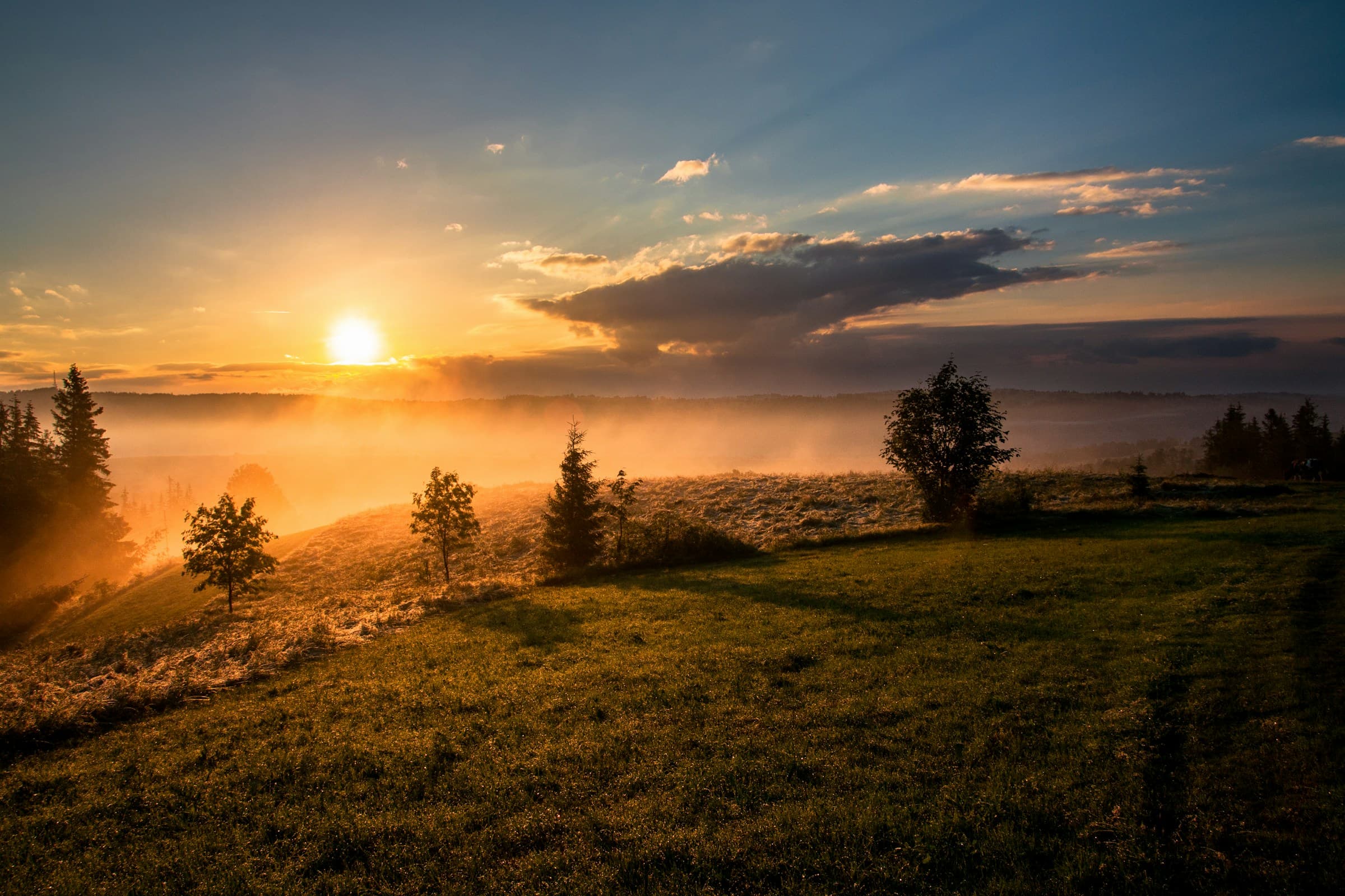 Sunrise over a misty landscape